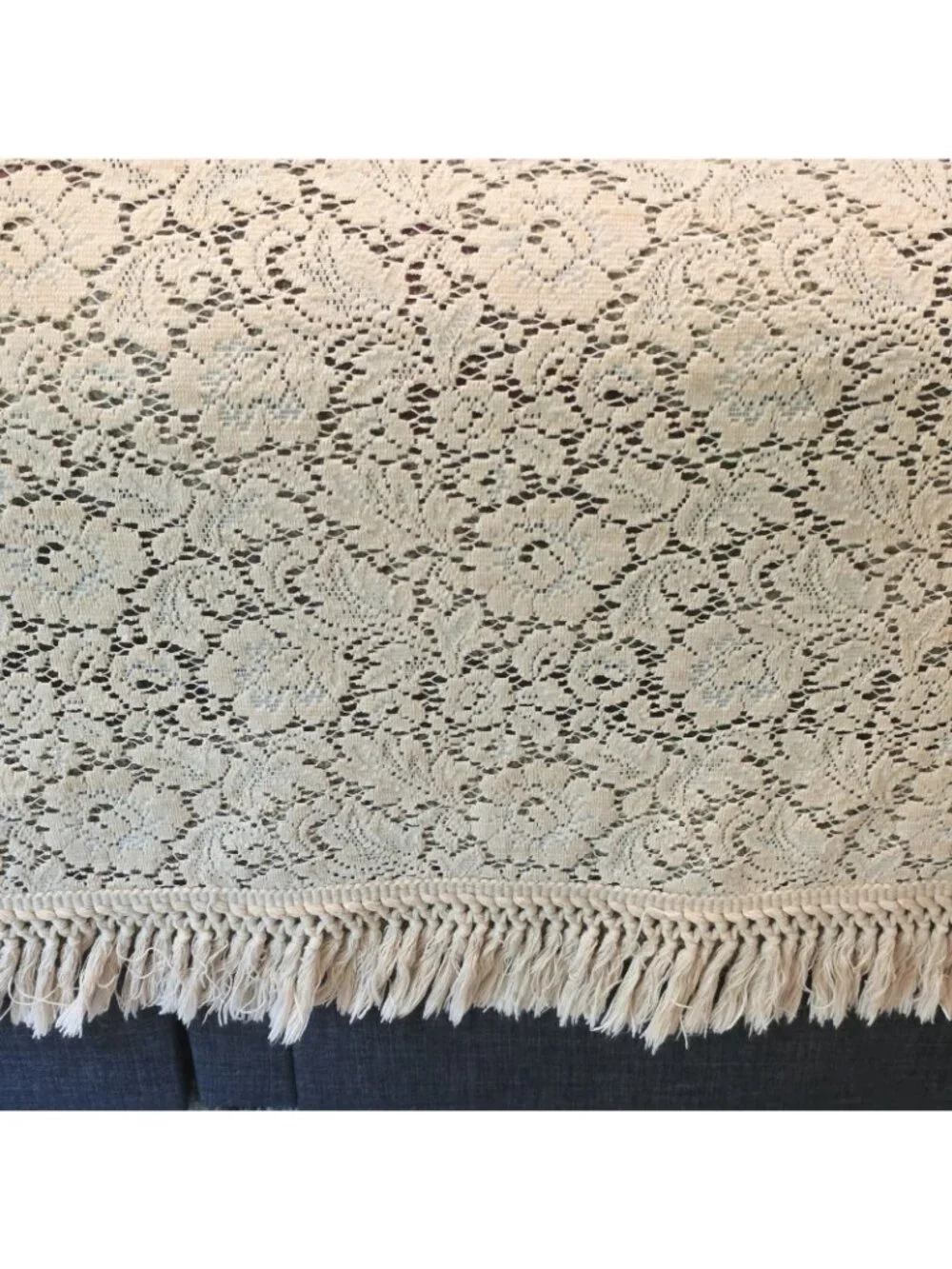 Vintage Crochet Lace Coverlet Fringe Bedspread KING Ecru Beige 112 x 130 Cottage